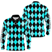 Load image into Gallery viewer, Mens golf polo shirts custom Cyan Blue and black argyle plaid pattern golf attire for men NQS8767