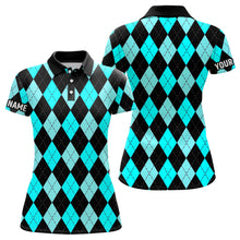 Load image into Gallery viewer, Womens golf polo shirts custom Cyan Blue and black argyle plaid pattern golf attire for ladies NQS8767