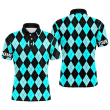 Load image into Gallery viewer, Mens golf polo shirts custom Cyan Blue and black argyle plaid pattern golf attire for men NQS8767