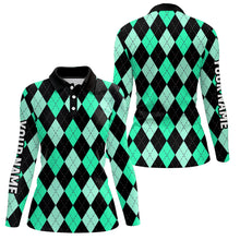 Load image into Gallery viewer, Womens golf polo shirts custom Cyan Green and black argyle plaid pattern golf attire for ladies NQS8768