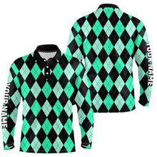 Load image into Gallery viewer, Mens golf polo shirts custom Cyan Green and black argyle plaid pattern golf attire for men NQS8768