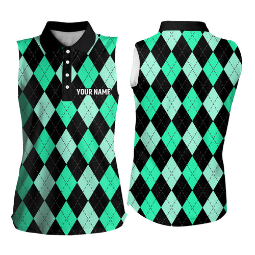 Women sleeveless polo shirt custom Cyan Green and black argyle plaid pattern golf attire for ladies NQS8768