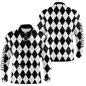 Mens golf polo shirts custom White and black argyle plaid pattern golf attire for men NQS8769