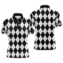 Load image into Gallery viewer, Mens golf polo shirts custom White and black argyle plaid pattern golf attire for men NQS8769