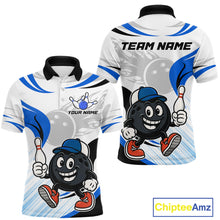 Load image into Gallery viewer, Blue and White Funny Bowling Shirts For Men Custom Team Bowling Polo, 1/4 Zip Jerseys NQS11103