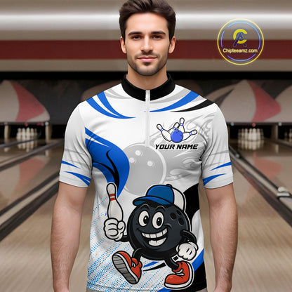 Blue and White Funny Bowling Shirts For Men Custom Team Bowling Polo, 1/4 Zip Jerseys NQS11103