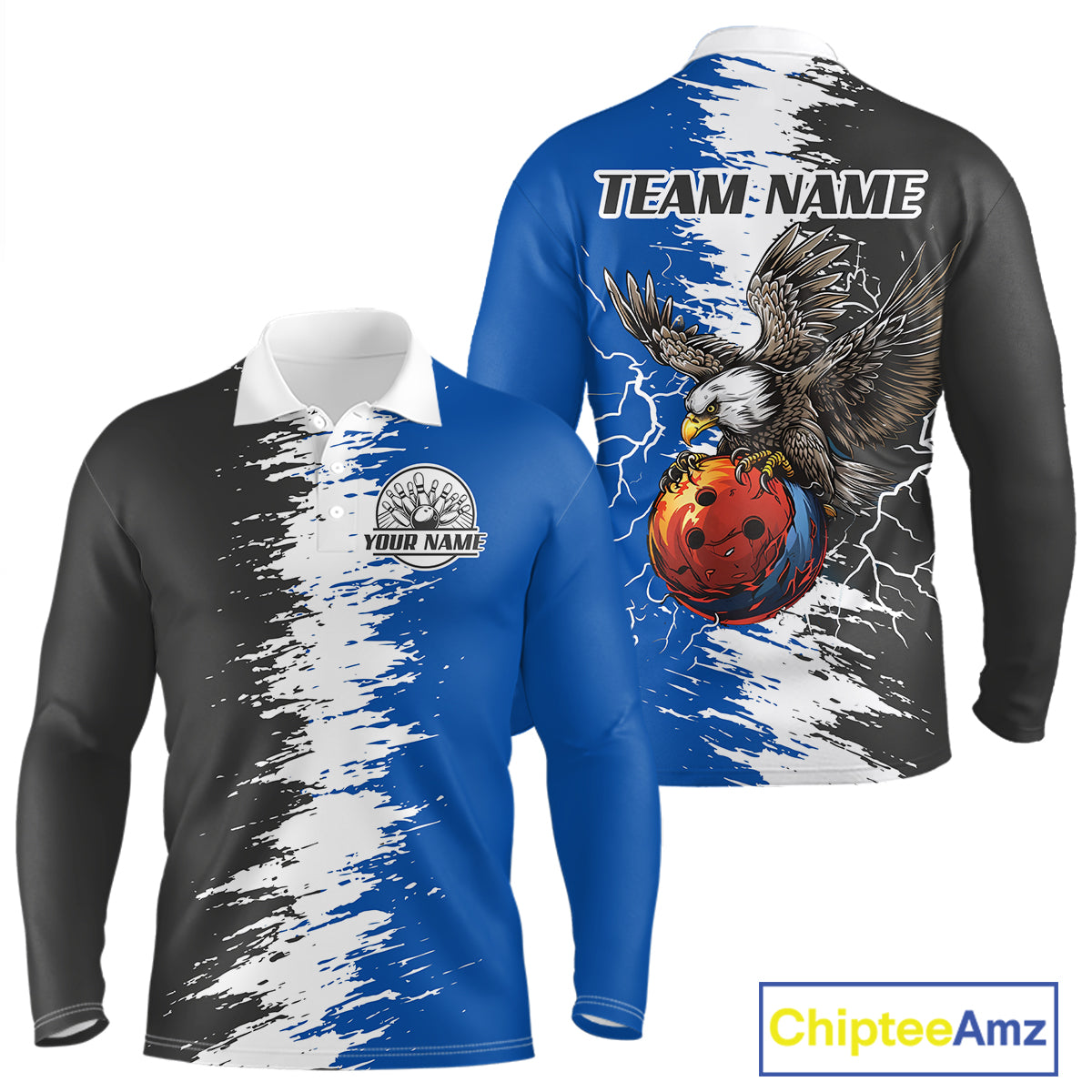 Lightning Thunder Eagle Bowling Polo, Quarter Zip Shirt For Men Custom bowling Team jerseys | Blue NQS11309
