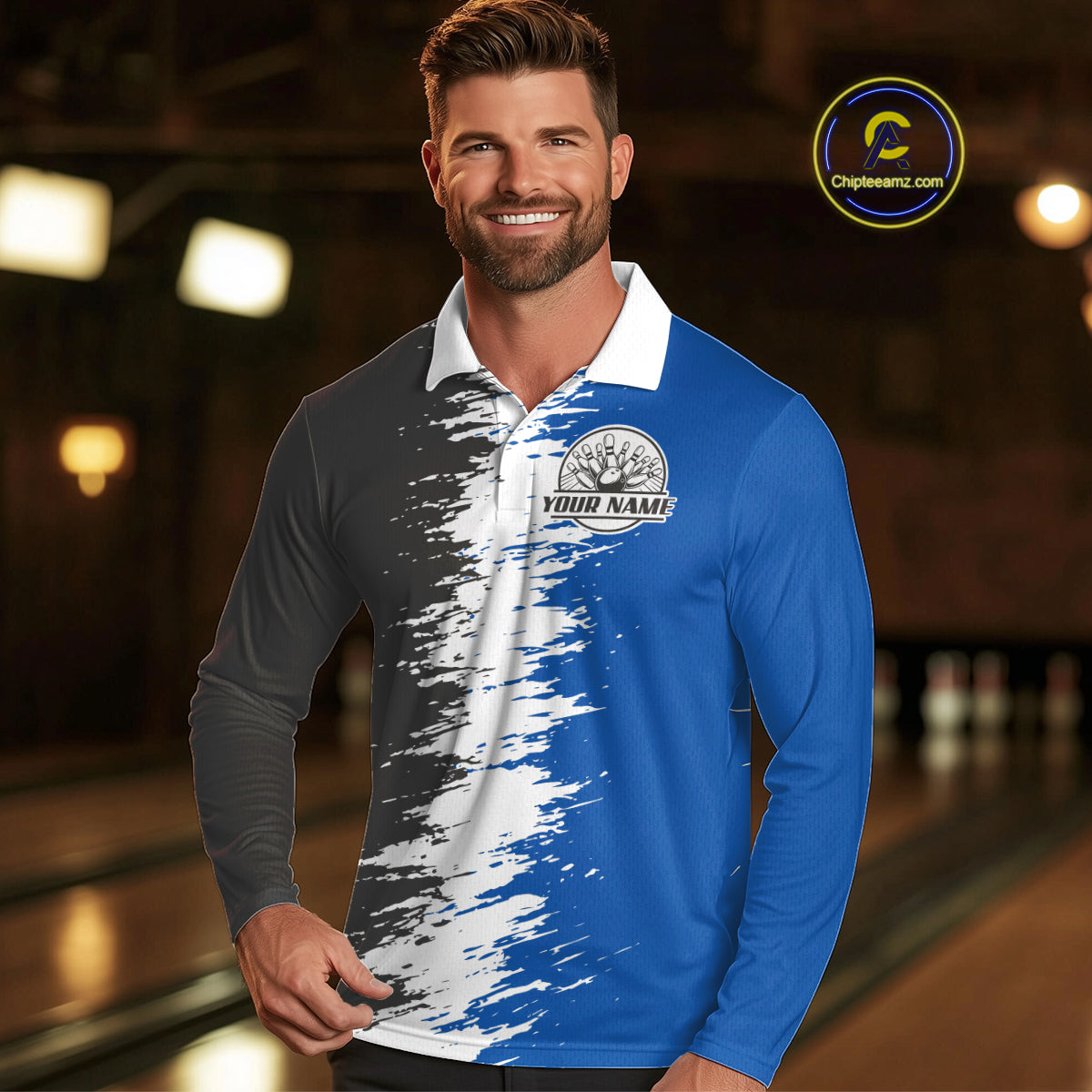 Lightning Thunder Eagle Bowling Polo, Quarter Zip Shirt For Men Custom bowling Team jerseys | Blue NQS11309
