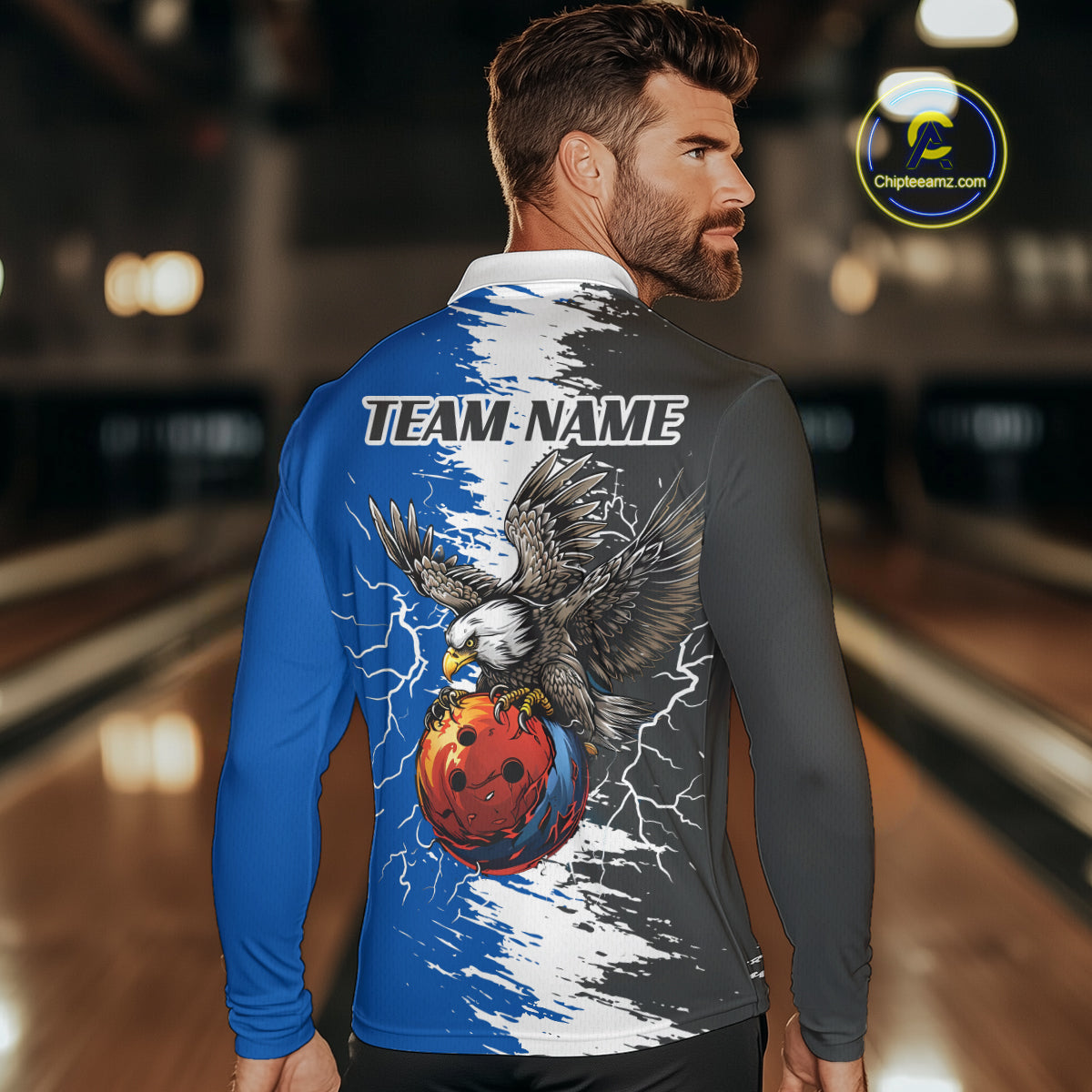 Lightning Thunder Eagle Bowling Polo, Quarter Zip Shirt For Men Custom bowling Team jerseys | Blue NQS11309