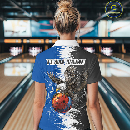 Lightning Thunder Eagle Bowling Polo, Quarter Zip Shirt For Women Custom bowling Team jerseys | Blue NQS11309