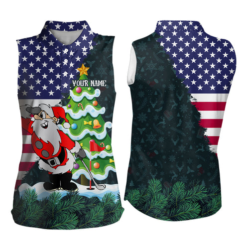 American flag Christmas Santa golf pattern custom Women sleeveless polo shirt, christmas golf apparel NQS8115