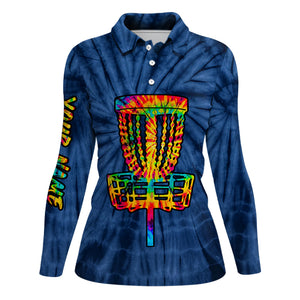 Womens disc golf polo shirts with colorful disc golf basket blue tie dye custom ladies disc golf shirt NQS6201