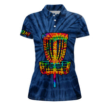 Load image into Gallery viewer, Womens disc golf polo shirts with colorful disc golf basket blue tie dye custom ladies disc golf shirt NQS6201