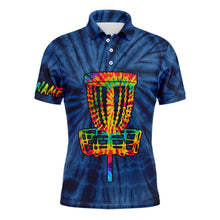 Load image into Gallery viewer, Mens disc golf polo shirts with colorful disc golf basket blue tie dye custom mens disc golf apparel NQS6201