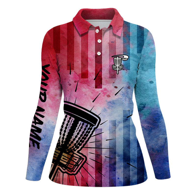 Womens disc golf polo shirts with red & blue tie dye disc golf basket custom women disc golf apparel NQS6203