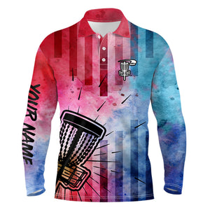 Mens disc golf polo shirts with red & blue tie dye disc golf basket custom mens disc golf apparel NQS6203