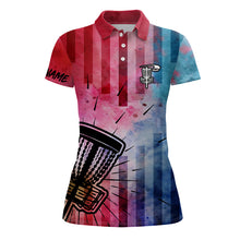 Load image into Gallery viewer, Womens disc golf polo shirts with red &amp; blue tie dye disc golf basket custom women disc golf apparel NQS6203