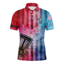 Load image into Gallery viewer, Mens disc golf polo shirts with red &amp; blue tie dye disc golf basket custom mens disc golf apparel NQS6203