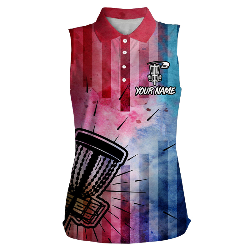 Womens sleeveless polo shirts with red & blue tie dye disc golf basket custom women disc golf apparel NQS6203