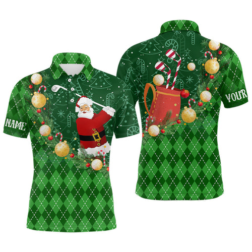 Christmas Santa Playing Golf Green argyle pattern Men Golf Polo Shirt Custom Xmas Mens golf outfits NQS9009