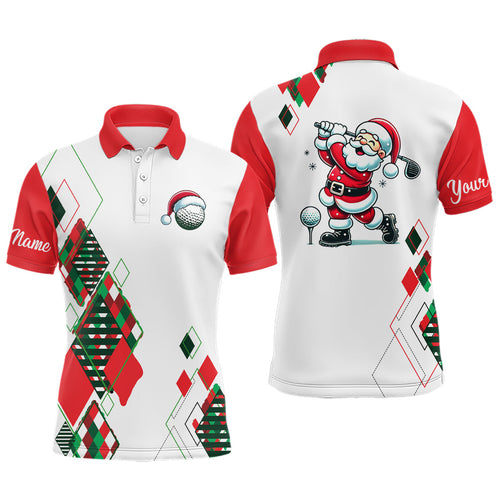 Christmas argyle pattern Santa Playing Golf Men Golf Polo Shirt Custom Xmas Mens golf outfits NQS9010