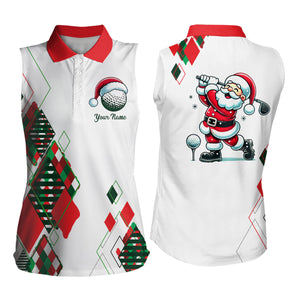 Christmas argyle pattern Santa Playing Golf Women Sleeveless polo Shirt Custom Xmas ladies golf outfit NQS9010