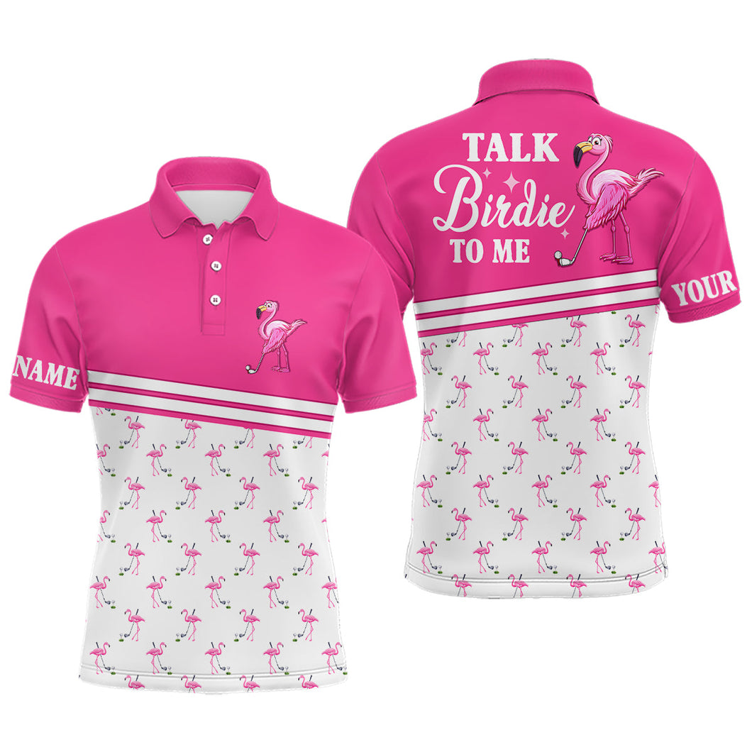 Funny Mens golf polo shirts custom pink and white flamingo golf shirts talk birdie to me NQS7527