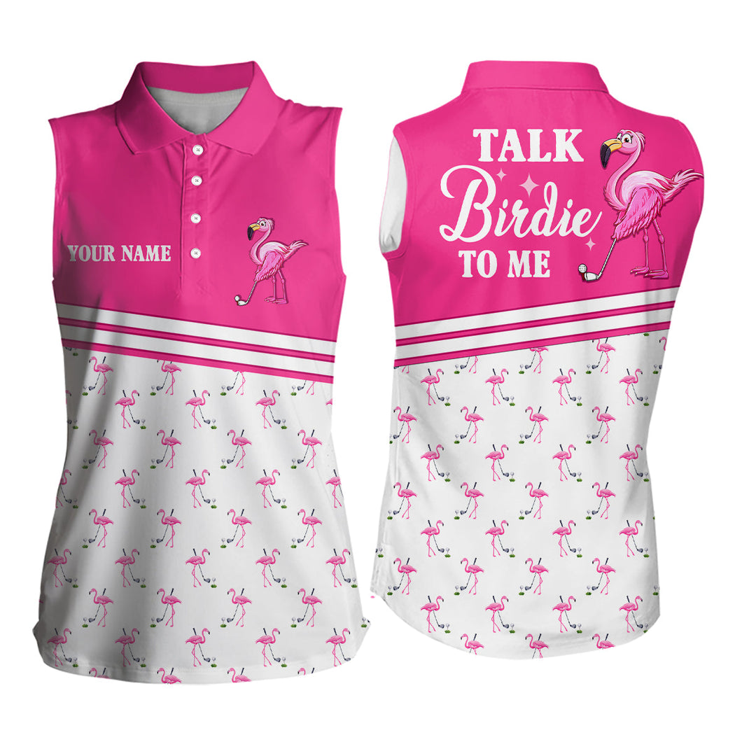 Funny Womens sleeveless golf shirt custom pink and white flamingo golf shirts talk birdie to me NQS7527
