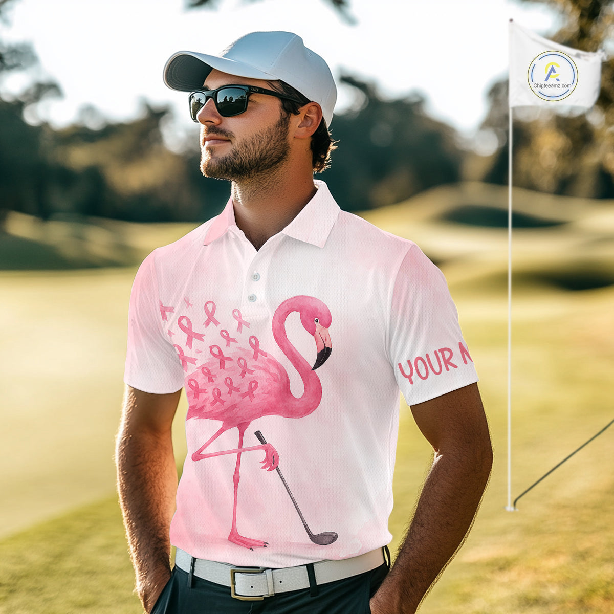 Watercolor Pink Flamingo ribbons Mens golf polo shirts Custom Breast Cancer Awareness men golf attire NQS10512