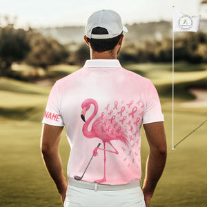 Watercolor Pink Flamingo ribbons Mens golf polo shirts Custom Breast Cancer Awareness men golf attire NQS10512