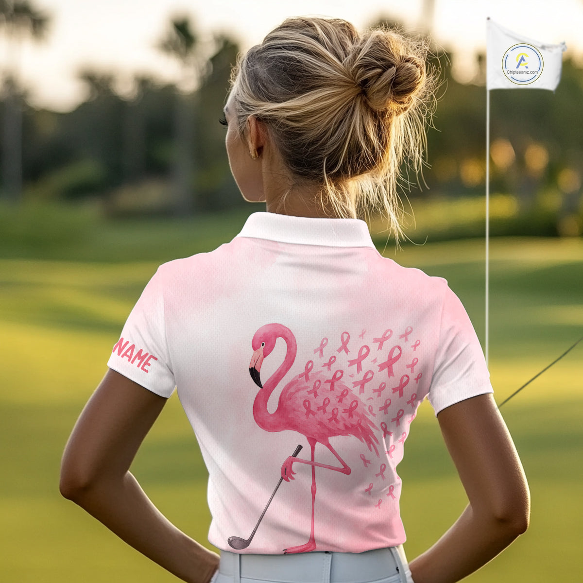 Watercolor Pink Flamingo ribbons Women golf polo shirt Custom Breast Cancer Awareness ladies golf top NQS10512
