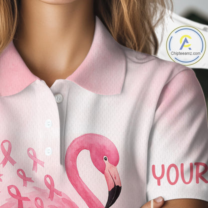 Watercolor Pink Flamingo ribbons Women golf polo shirt Custom Breast Cancer Awareness ladies golf top NQS10512