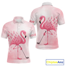 Load image into Gallery viewer, Watercolor Pink Flamingo ribbons Mens golf polo shirts Custom Breast Cancer Awareness men golf attire NQS10512