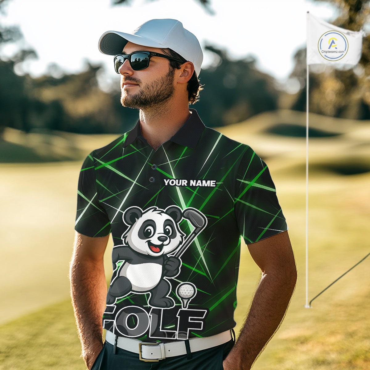 Black and Green Funny Panda Playing Golf Polo Shirt For Men Custom men's golf clothes funny golf gift NQS10740