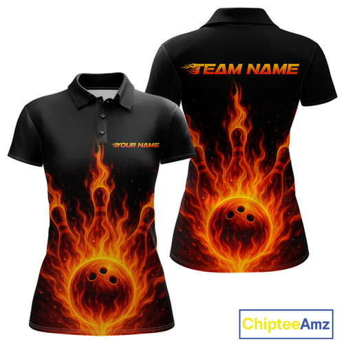 Custom Flame Bowling Polo, Quarter Zip Shirts for Women Custom Team Bowling Uniform NQS10521