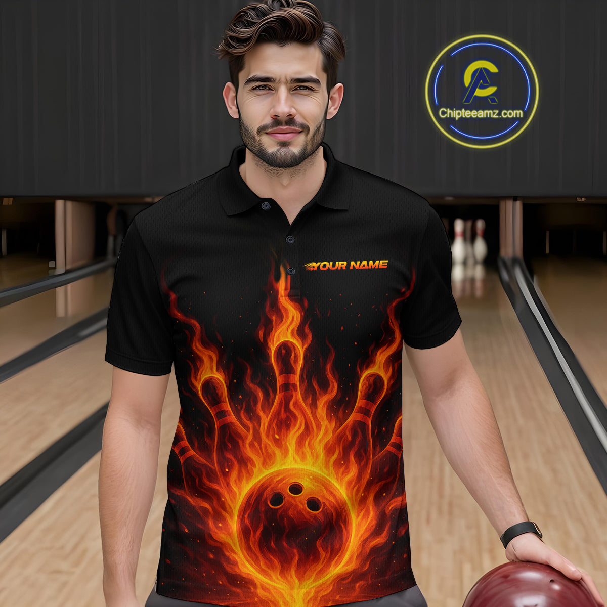 Custom Flame Bowling Polo, Quarter Zip Shirts for Men Custom Team Bowling Uniform NQS10521