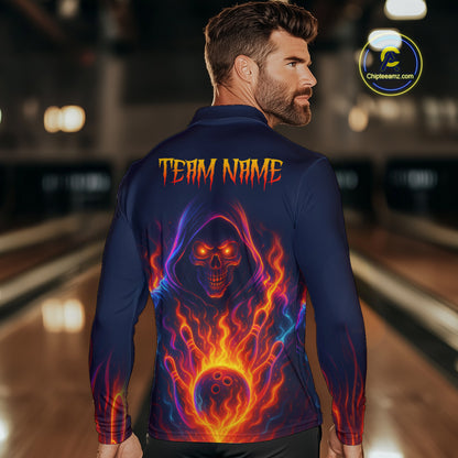 Custom Orange Flame Skull Bowling Shirts for Men Custom Team Bowling Shirts, gift for bowlers NQS10522