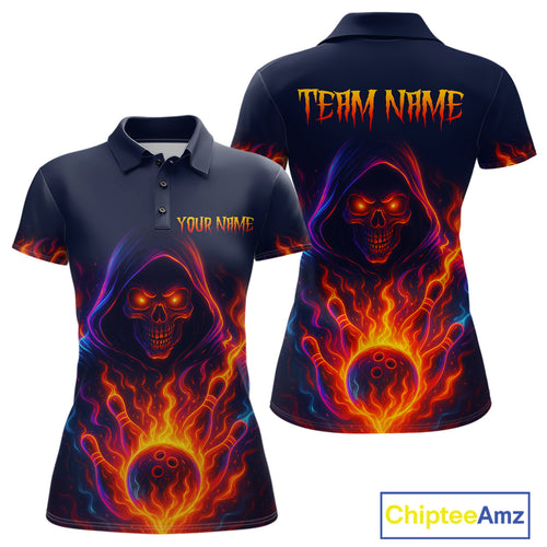 Custom Orange Flame Skull Bowling Shirts for Women Custom Team Bowling Shirts, gift for bowlers NQS10522