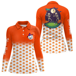 Funny Womens golf polo shirts custom orange Halloween pumpkin pattern skull golf apparel NQS8554