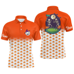 Funny Mens golf polo shirts custom orange Halloween pumpkin pattern skull golf apparel NQS8554