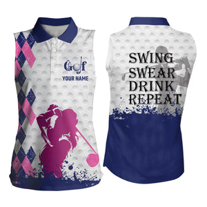 Blue pink argyle plaid white Womens sleeveless polo shirt custom swing swear drink repeat golf tops NQS7922