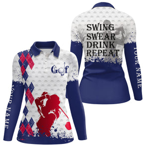 Red white and blue argyle plaid Women golf polo shirt custom swing swear drink repeat ladies golf tops NQS7923