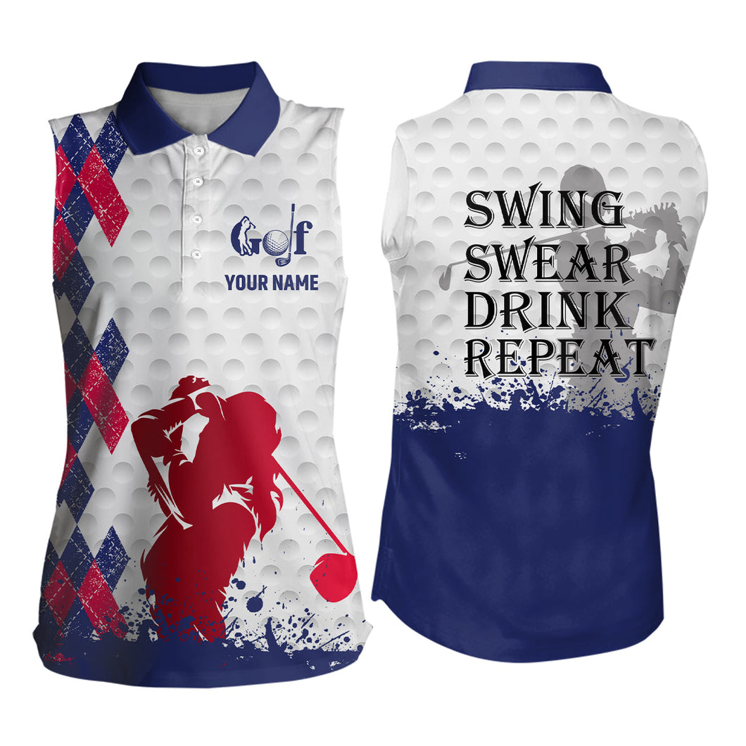 Red white and blue argyle plaid Womens sleeveless polo shirt custom swing swear drink repeat golf tops NQS7923