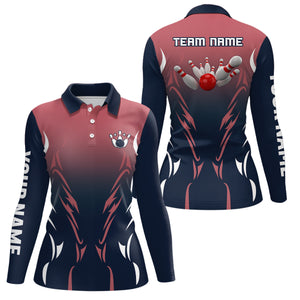 Women bowling polo shirts Custom navy and red retro bowling team shirts, custom bowling jerseys NQS6228