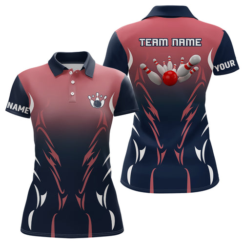 Women bowling polo shirts Custom navy and red retro bowling team shirts, custom bowling jerseys NQS6228