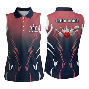 Women bowling sleeveless polo shirts Custom navy red retro bowling team shirts, custom bowling jerseys NQS6228