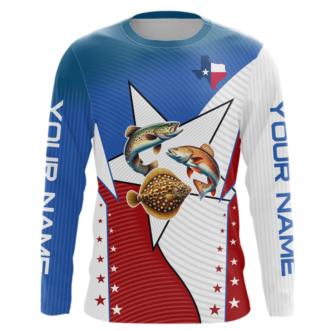 Redfish, Trout, Flounder Texas slam flag Custom Long Sleeve Fishing Shirts, Patriotic fishing Jerseys NQS7541