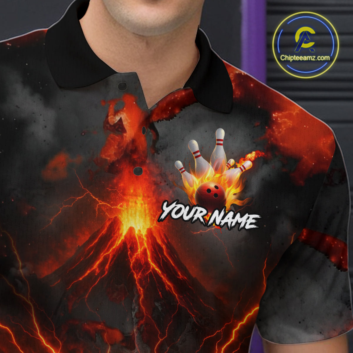 Red Lightning volcano Mens Bowling Polo, Quarter Zip shirts Custom bowling outfits gifts for men NQS10956