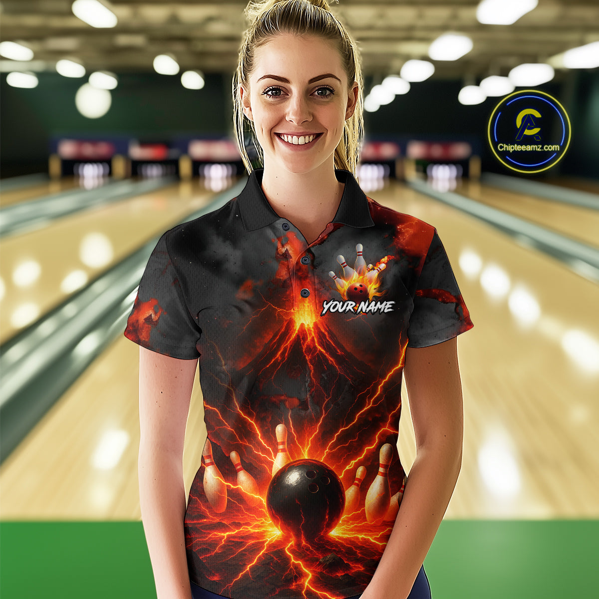 Red Lightning volcano Women Bowling Polo, Quarter Zip shirts Custom bowling outfits gifts for ladies NQS10956