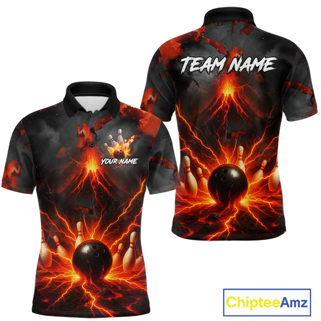 Red Lightning volcano Mens Bowling Polo, Quarter Zip shirts Custom bowling outfits gifts for men NQS10956
